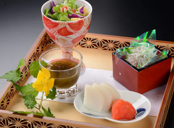 選べる干物&名物5色盛りの花紋流朝食