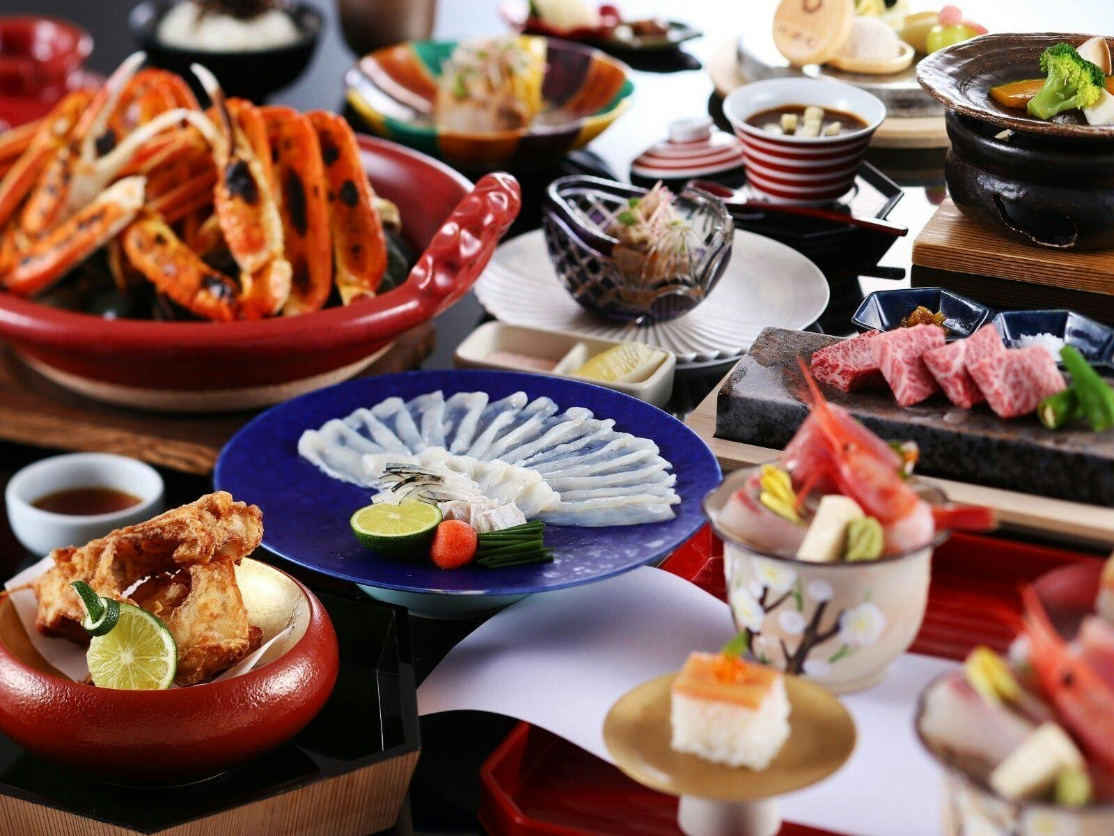 【冬/3大グルメ】但馬とらふぐ2品×ズワイガニ1品（焼き）×但馬牛陶板焼き60g＜平日限定＞