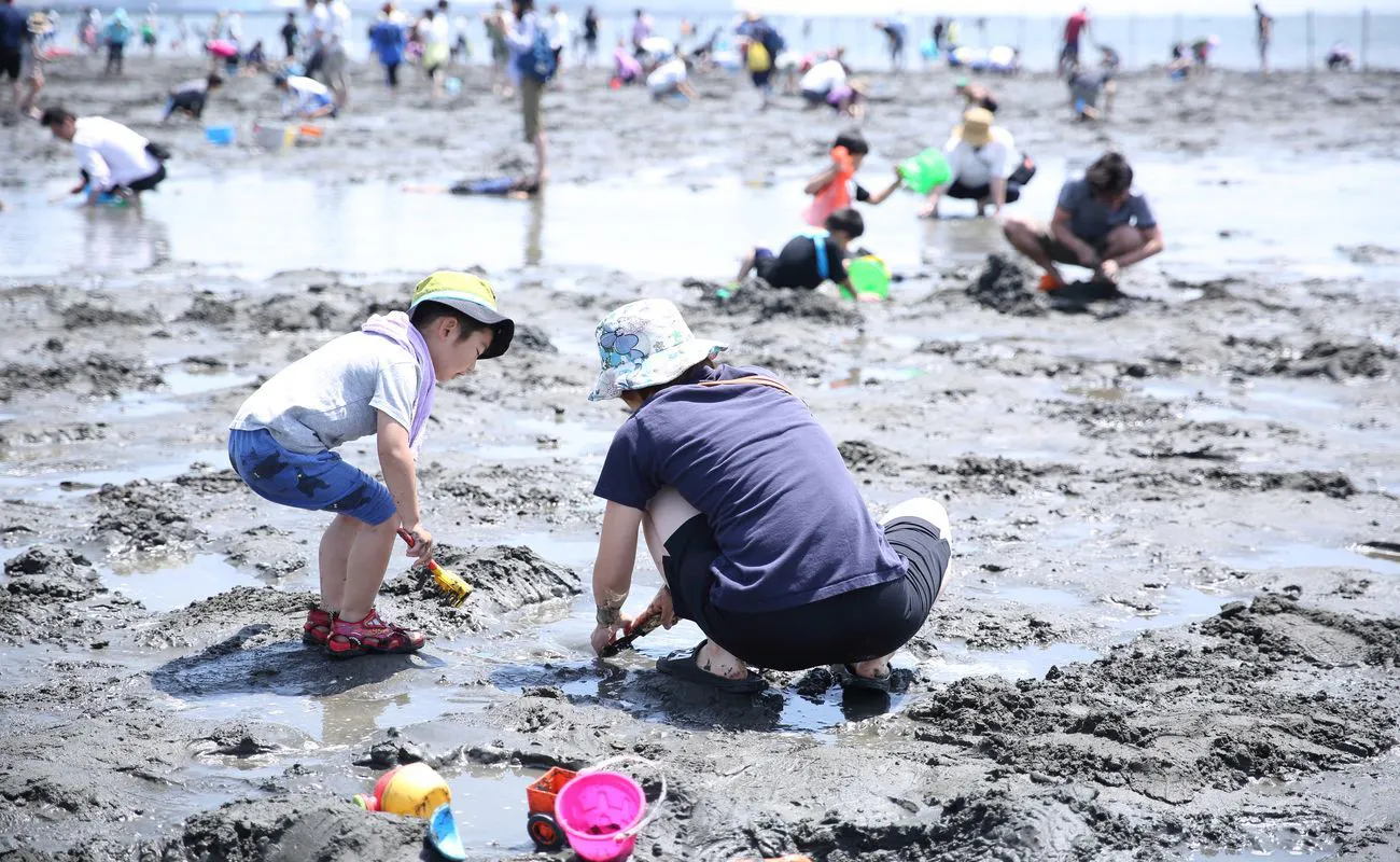 Pantai Oarai Sun Beach (mencari kerang saat air surut)
