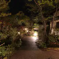 ทางเดินเล็ก ๆ ในสวนที่มีแสงไฟในยามค่ำคืน