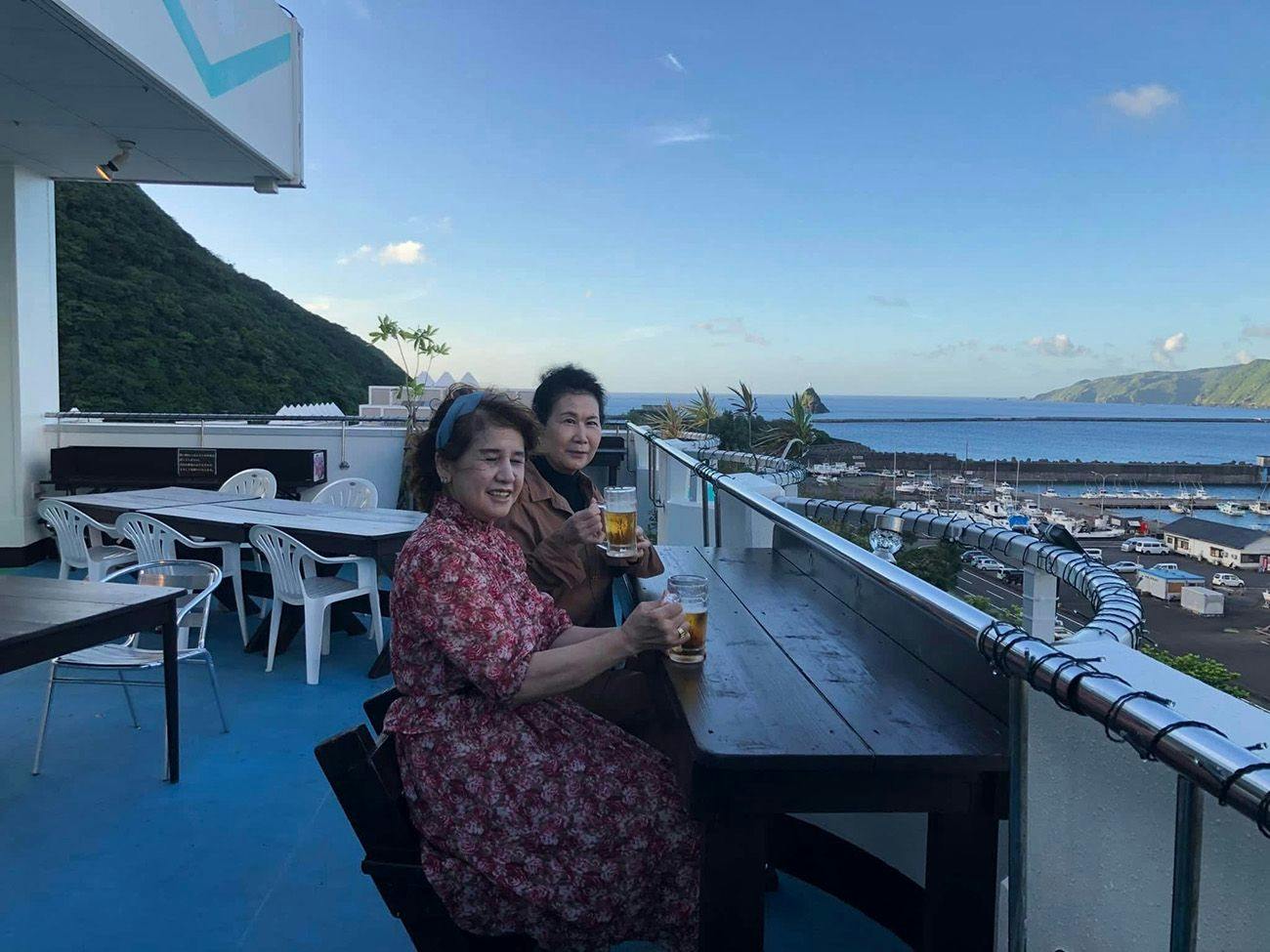 Covered beer garden with an ocean view