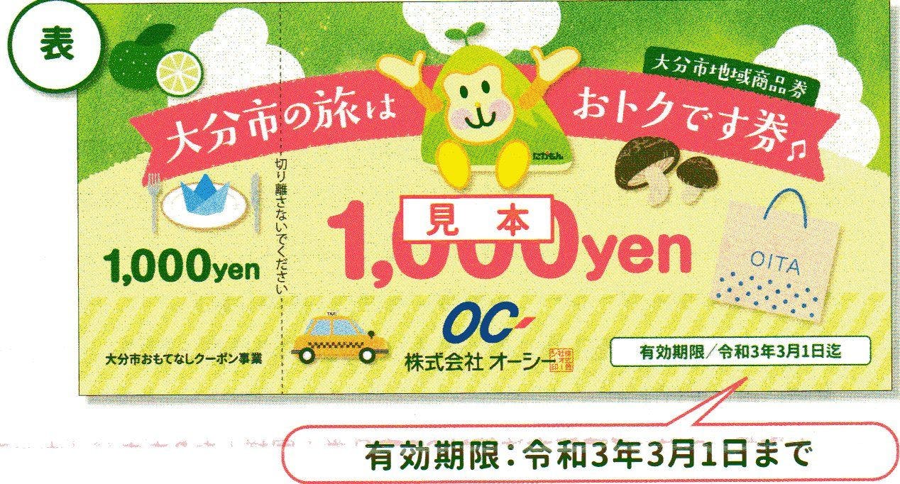 บัตรกำนัลมูลค่า 2000 เยนที่สามารถใช้ได้ในเมืองโออิตะ