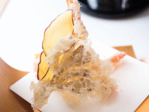 夕食　車海老の丹波と天然舞茸の白扇揚げ