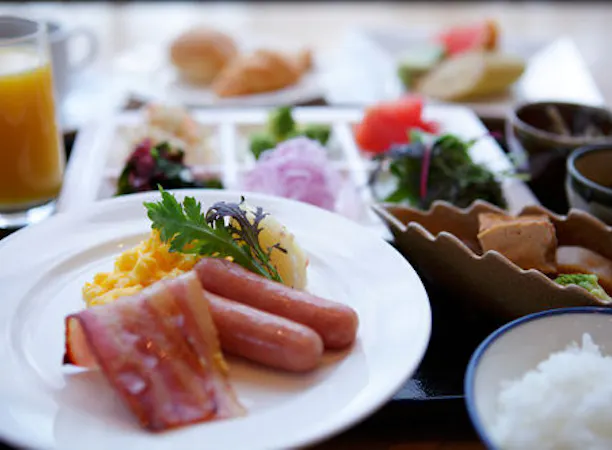 A breakfast buffet featuring a vibrant and colorful menu.