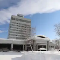 A highland resort surrounded by snowy landscapes