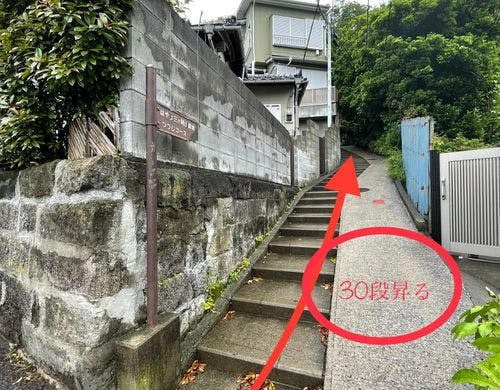 加地邸道案内：階段30段ほど登ってください