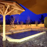 บ่อน้ำพุร้อนกลางแจ้งในบรรยากาศยามค่ำคืน.