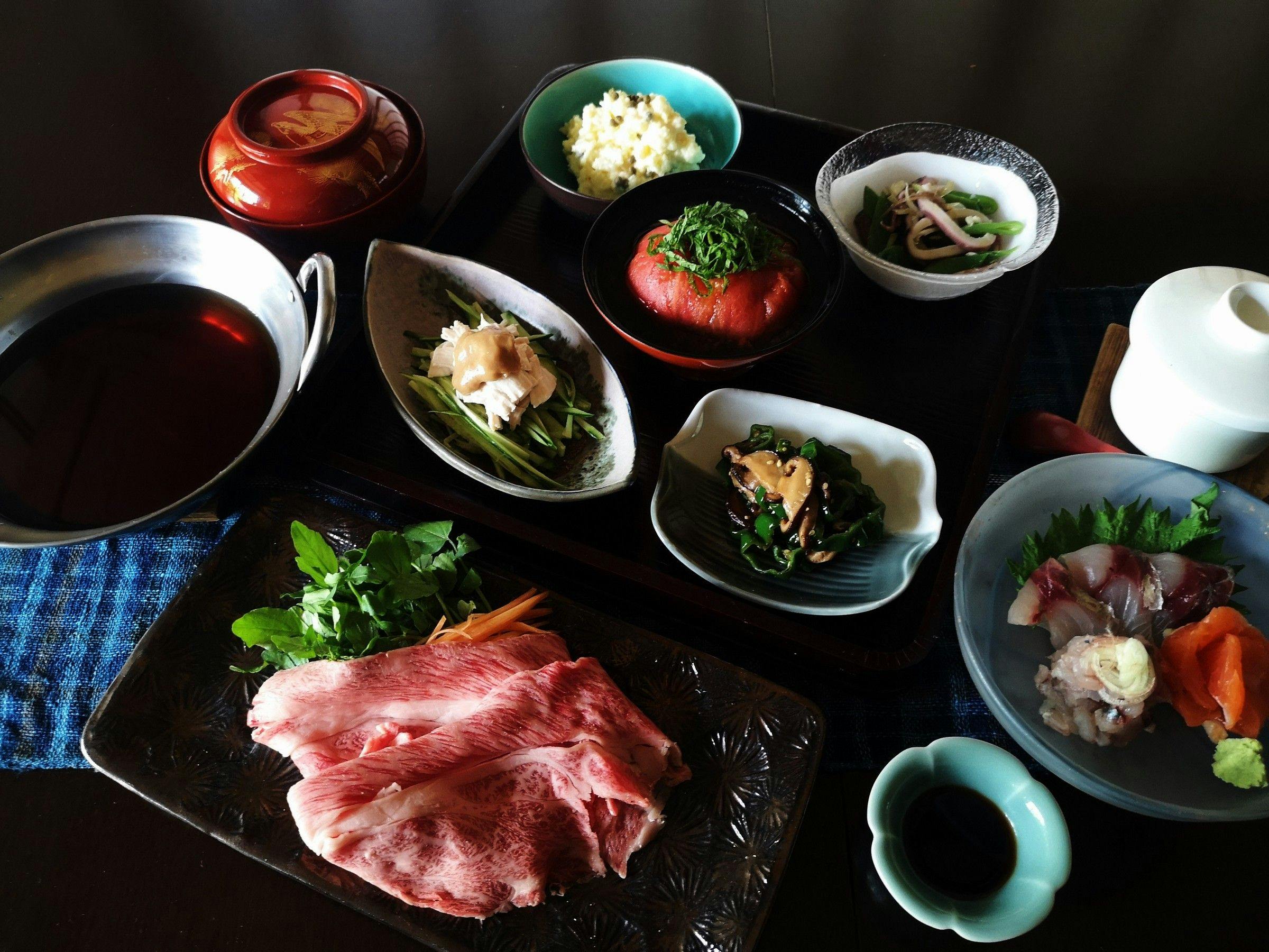 Savor Tajima beef with steak and sukiyaki-style beef hot pot!