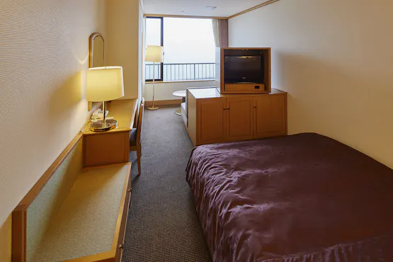 ダブルベッドとリビングスペース付の客室。