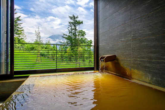 ห้องพักทุกห้องมองเห็นภูเขาโยเทอิ พร้อมอ่างอาบน้ำพุร้อนแบบน้ำแร่ธรรมชาติไหลผ่านตลอดเวลา