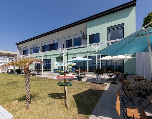 裏手には芝生とカフェのテラス席