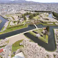 สวนโกเรียวคาคุในฤดูใบไม้ผลิ ที่ซากุระบานล้อมเป็นรูปดาว