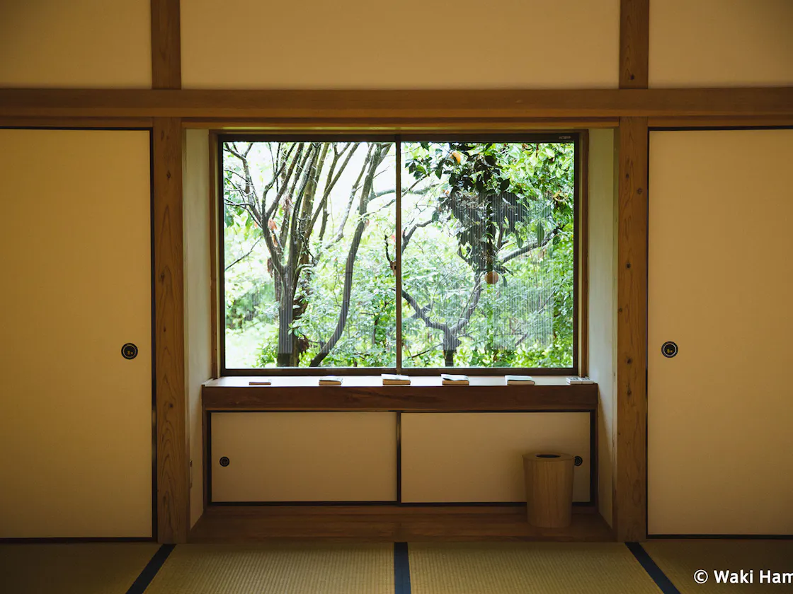 絵画のような23畳の瞑想ルームから見た屋外