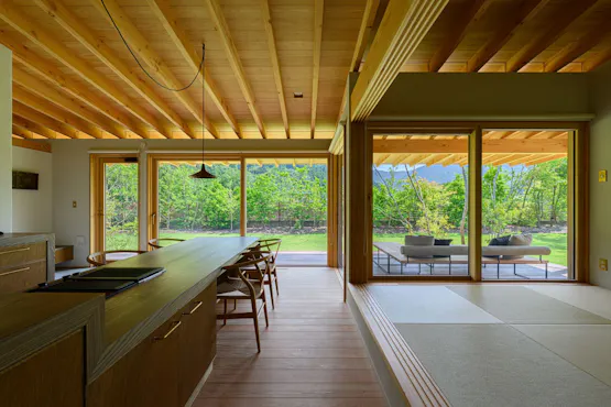 天井の垂木が内と外に続く一体感のリビング