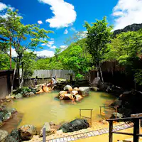 北アルプスを望む新緑の露天風呂。