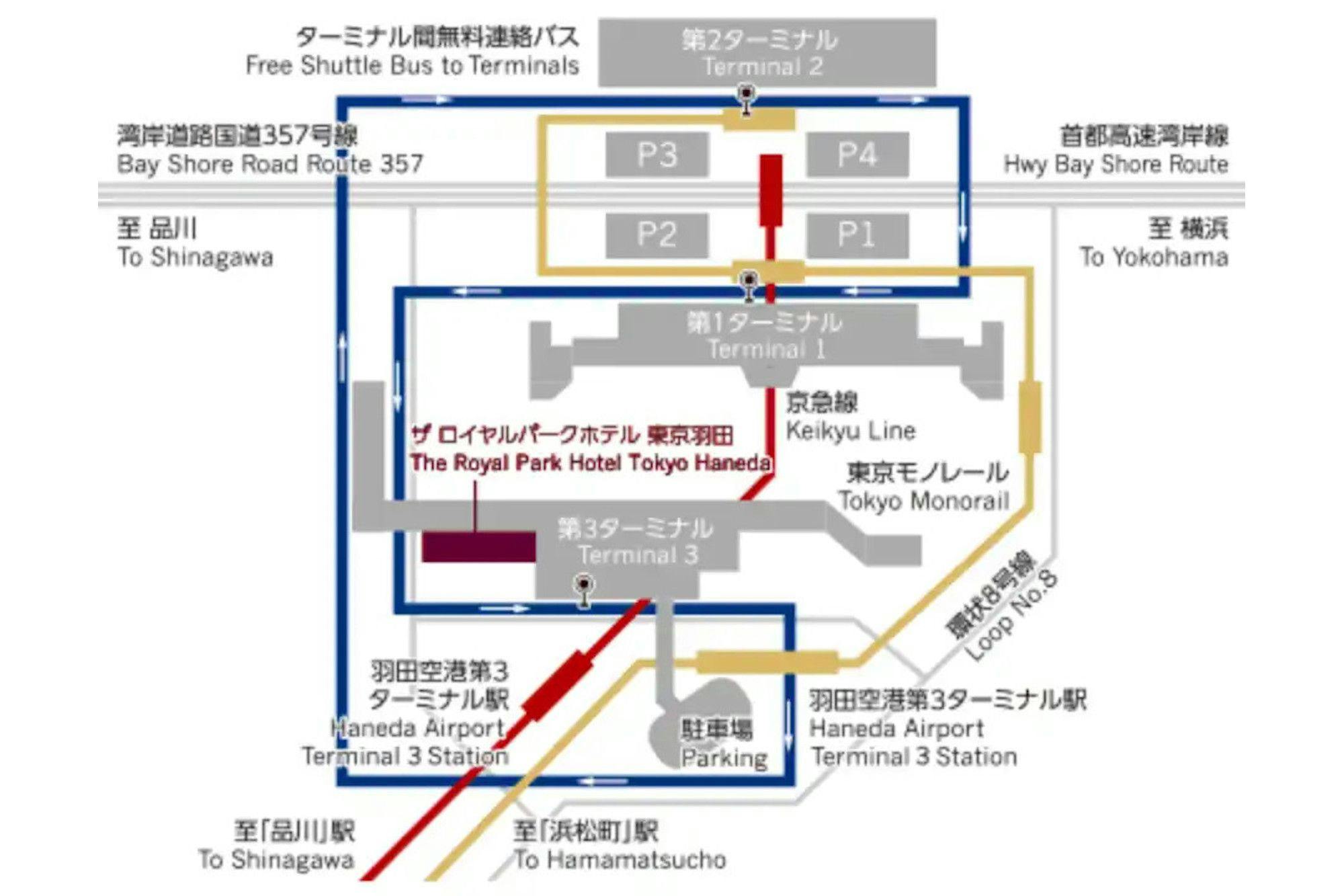 ターミナル間の移動は無料連絡バスが便利。