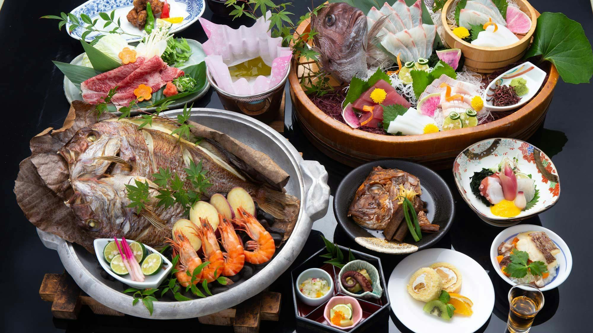 【料理長イチオシ！】鳴門鯛の宝楽焼・鯛の荒焚き・阿波牛が味わえる！鯛三昧会席