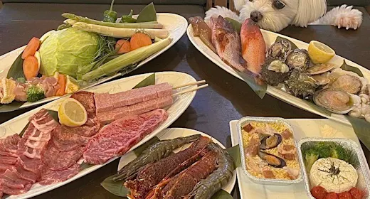 1泊2食【愛犬と楽しむプレミアムBBQ】伊勢海老・鮑・和牛ステーキを炭火で!雨天OK!手ぶらでOK