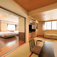 源泉かけ流し露天風呂付、和洋二間80平米