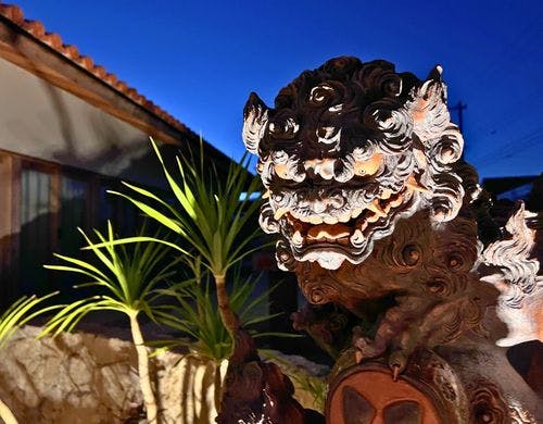 月光に照らされる石垣のシーサー