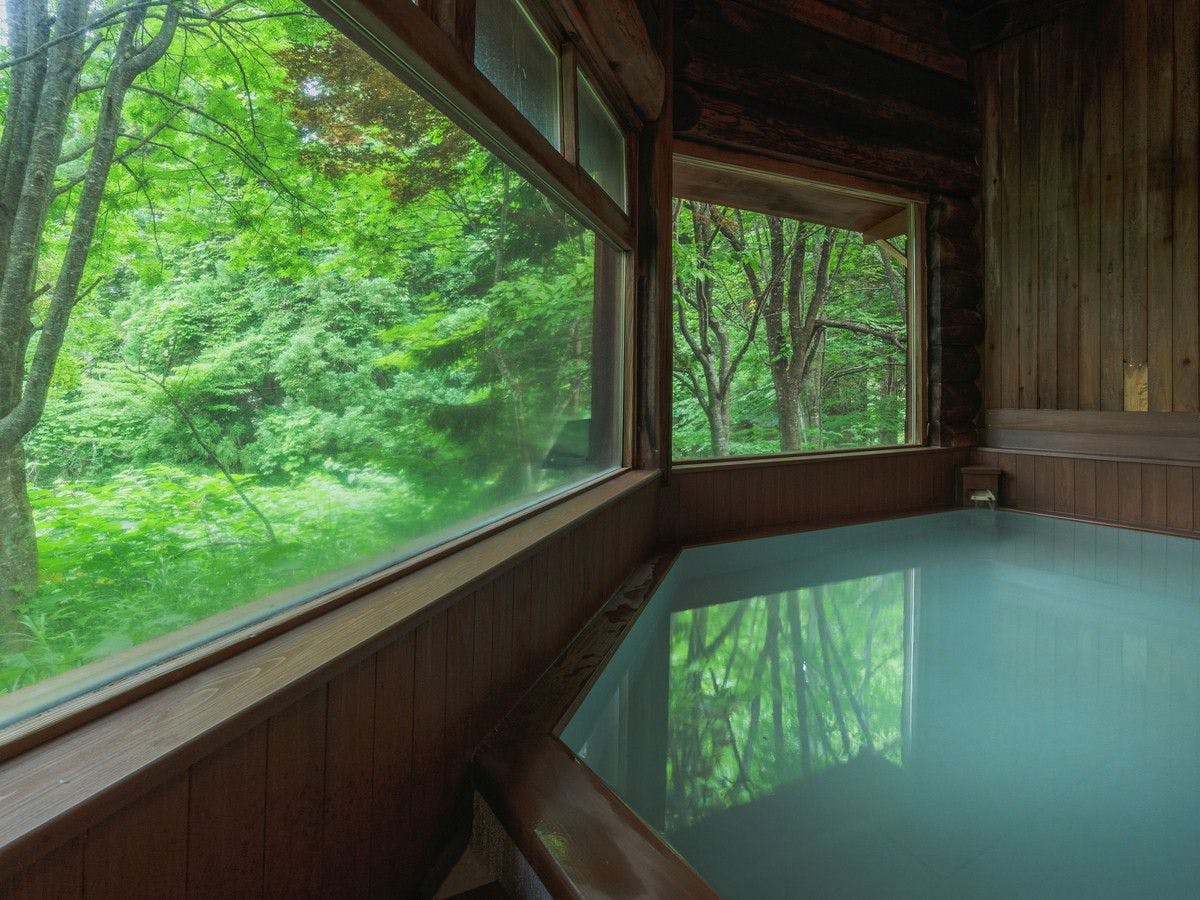 น้ำพุร้อนพร้อมห้องอาบน้ำที่สร้างจากไม้ซุง