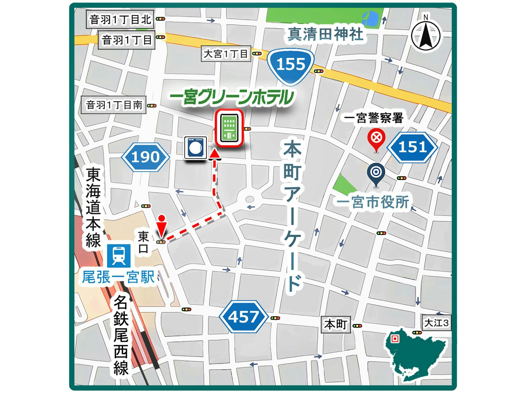 แผนที่บริเวณรอบโรงแรม Ichinomiya Green