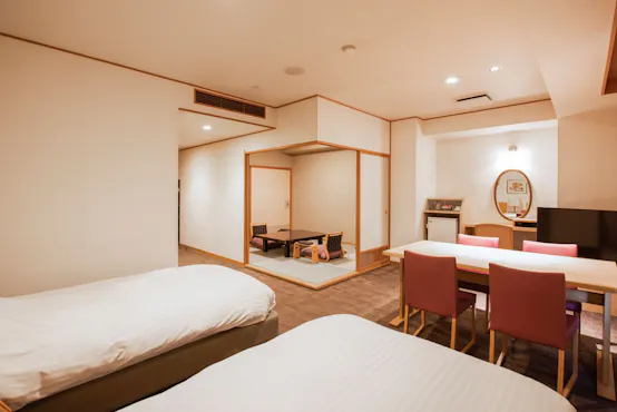 ห้องพักสไตล์ญี่ปุ่นและตะวันตกที่ Yumeitei: เตียงสไตล์ตะวันตก + ห้องสไตล์ญี่ปุ่น 6 เสื่อ (ตัวอย่าง).