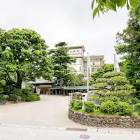 看板と「温泉龍大プール」の大切り株が目印