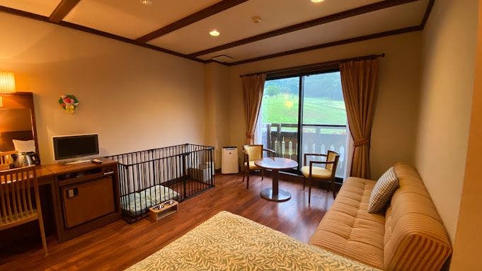 A twin room that welcomes dogs.