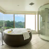 ห้องสวีทพร้อมอ่างอาบน้ำวิวสวยที่ทำให้การอาบน้ำเป็นเรื่องสนุก