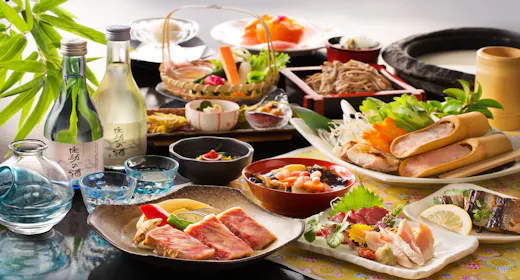 【夕食・朝食個室会食場】お酒をメインで召し上がる方向け。「庄助酒彩会席コース」料理