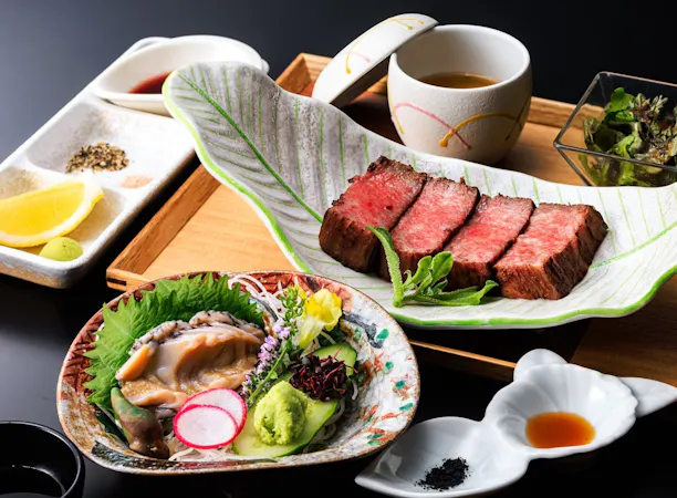 甲州牛サーロイン&鮑のお刺身