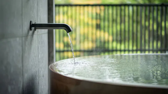 檜風呂のかけ流し白濁温泉の半露天風呂