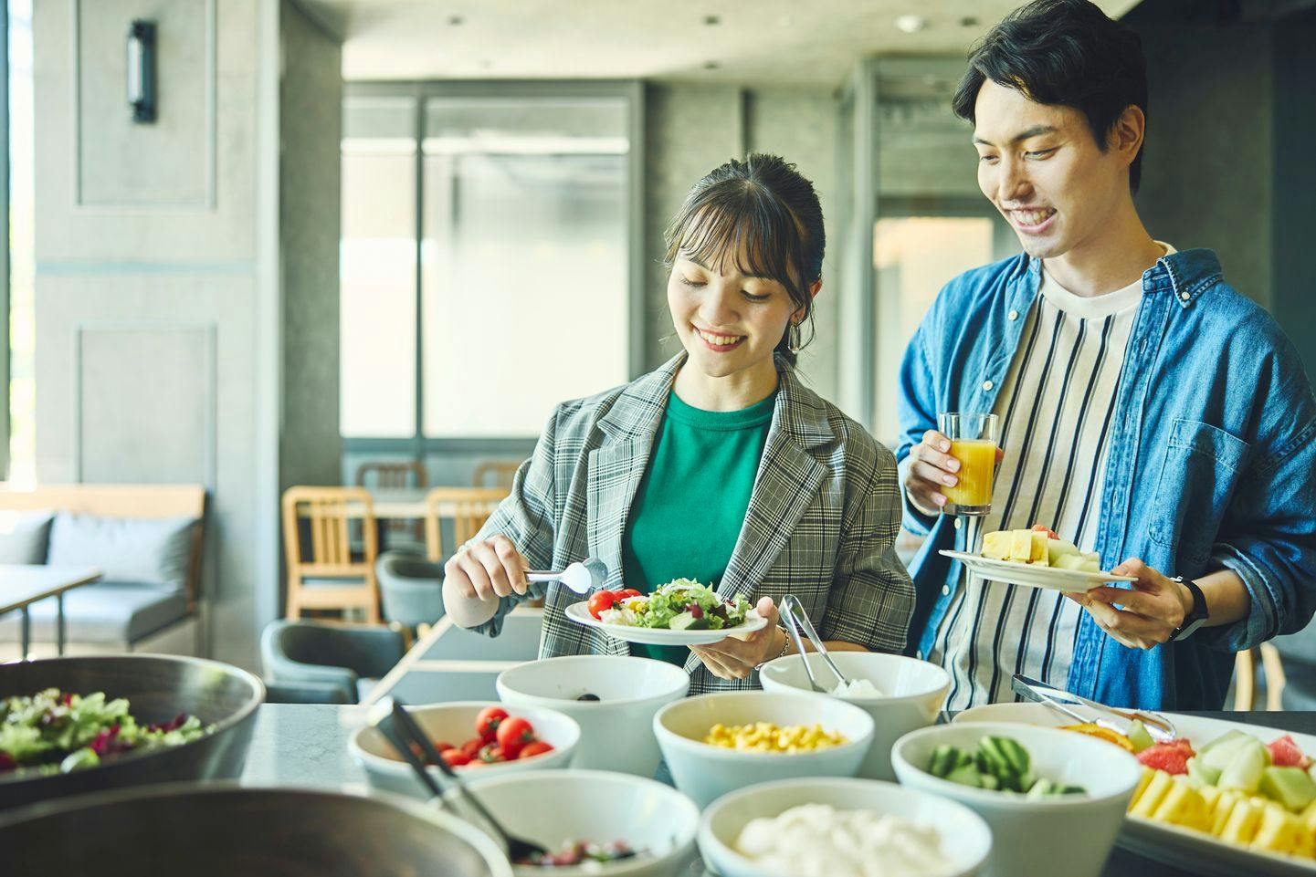 和風・洋風の無料朝食ビュッフェ
