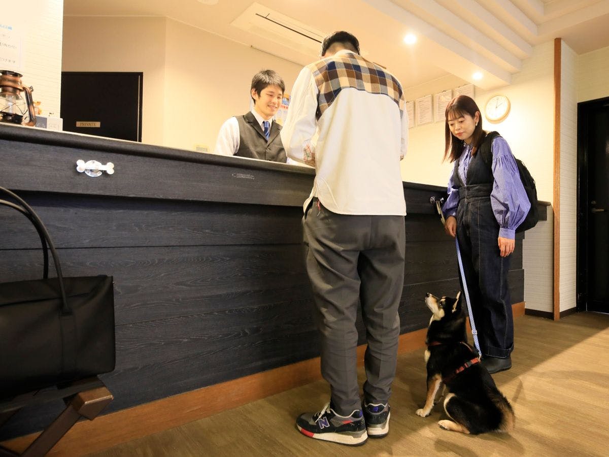 Cangkuk tali anjing disediakan di sebelah kaunter penerimaan.