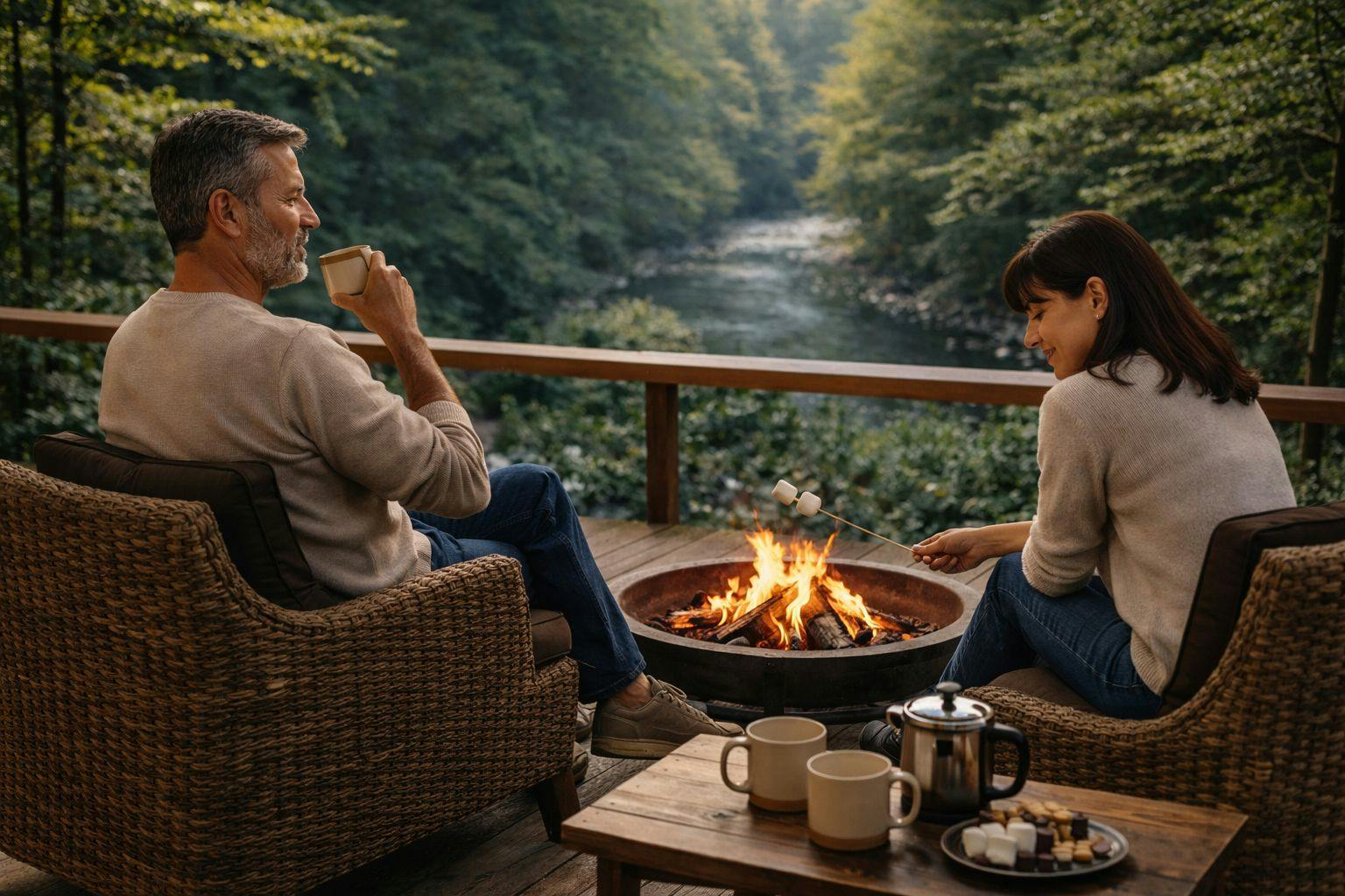계곡 상류의 고요함과 모닥불이 어른들의 시간을 연출합니다
