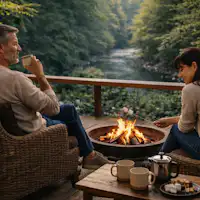 계곡 상류의 고요함과 모닥불이 어른들의 시간을 연출합니다