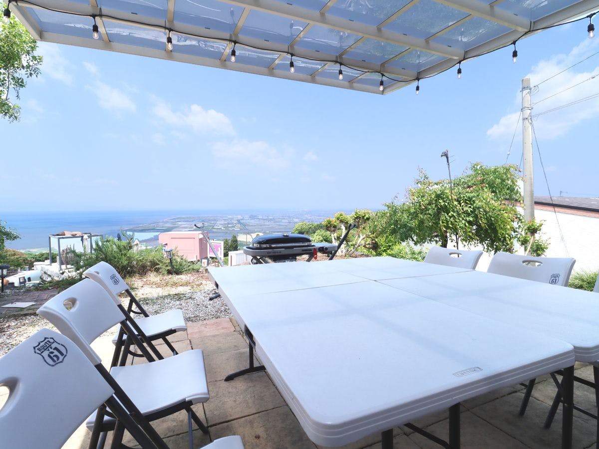 Breathtaking views of Mt. Unzen and the Ariake Sea from the terrace