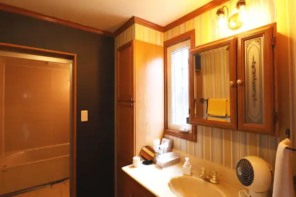Enjoy peace of mind with a separate vanity and a bathroom with a bathtub.