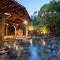 บ่อน้ำพุร้อนกลางแจ้งที่มีแสงไฟในยามค่ำคืน