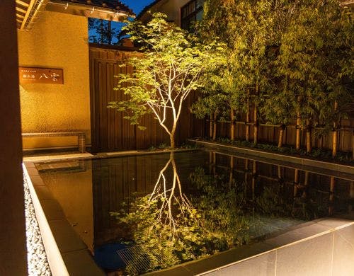 夜の水盤は幻想的な風景を映し出します