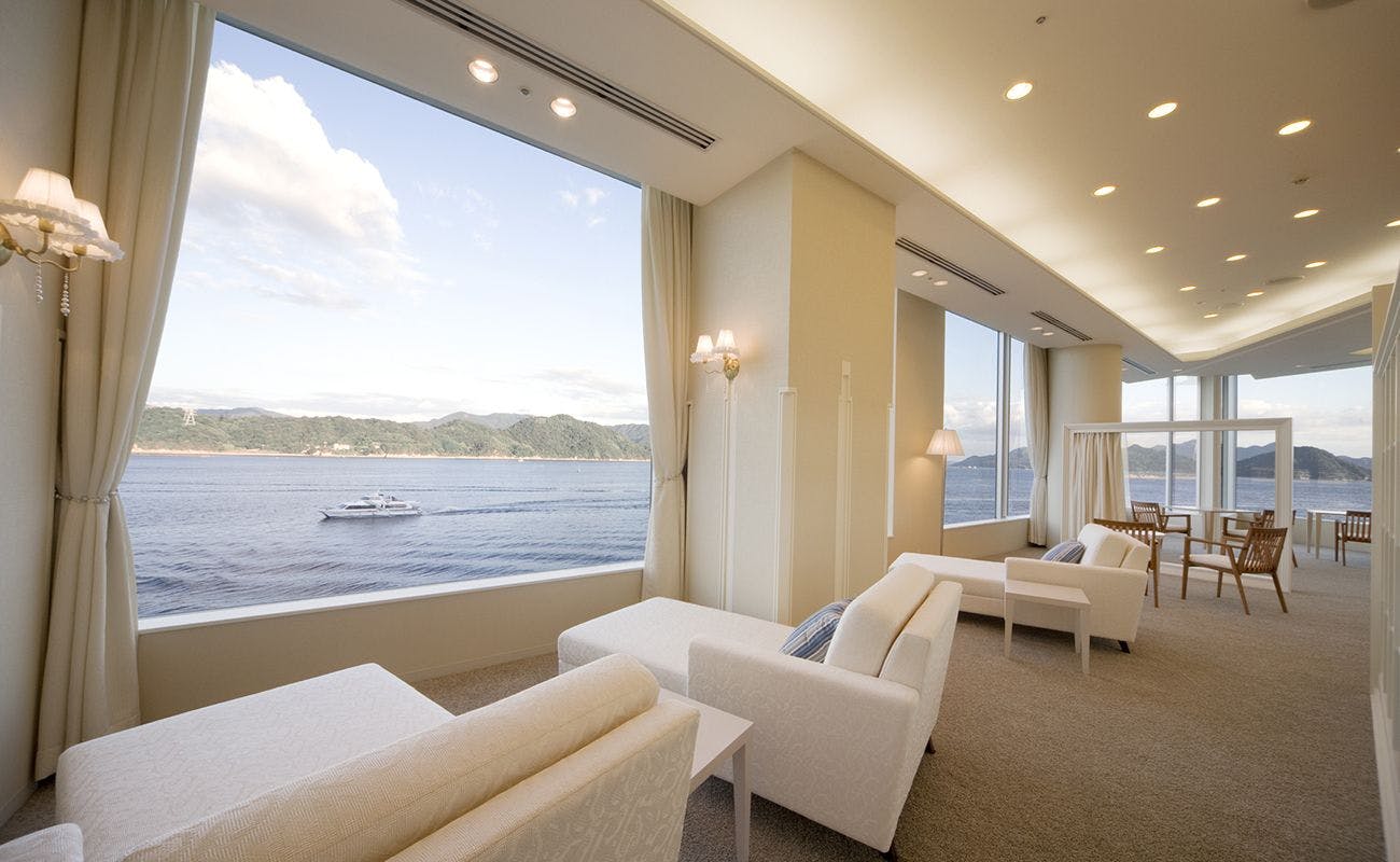 A spa lounge overlooking the Seto Inland Sea.