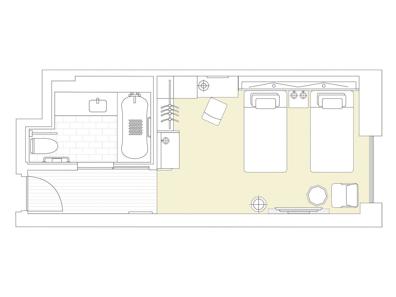 【THE HOTEL SANRAKU KANAZAWA（ザ ホテル山楽 金沢）】アクセシブルツイン（定最大２名・32平米）の見取り図