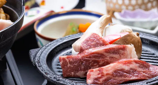 【あわしま会席】+【伝統の山賊鍋】+【上州牛ステーキ100g】レストラン食