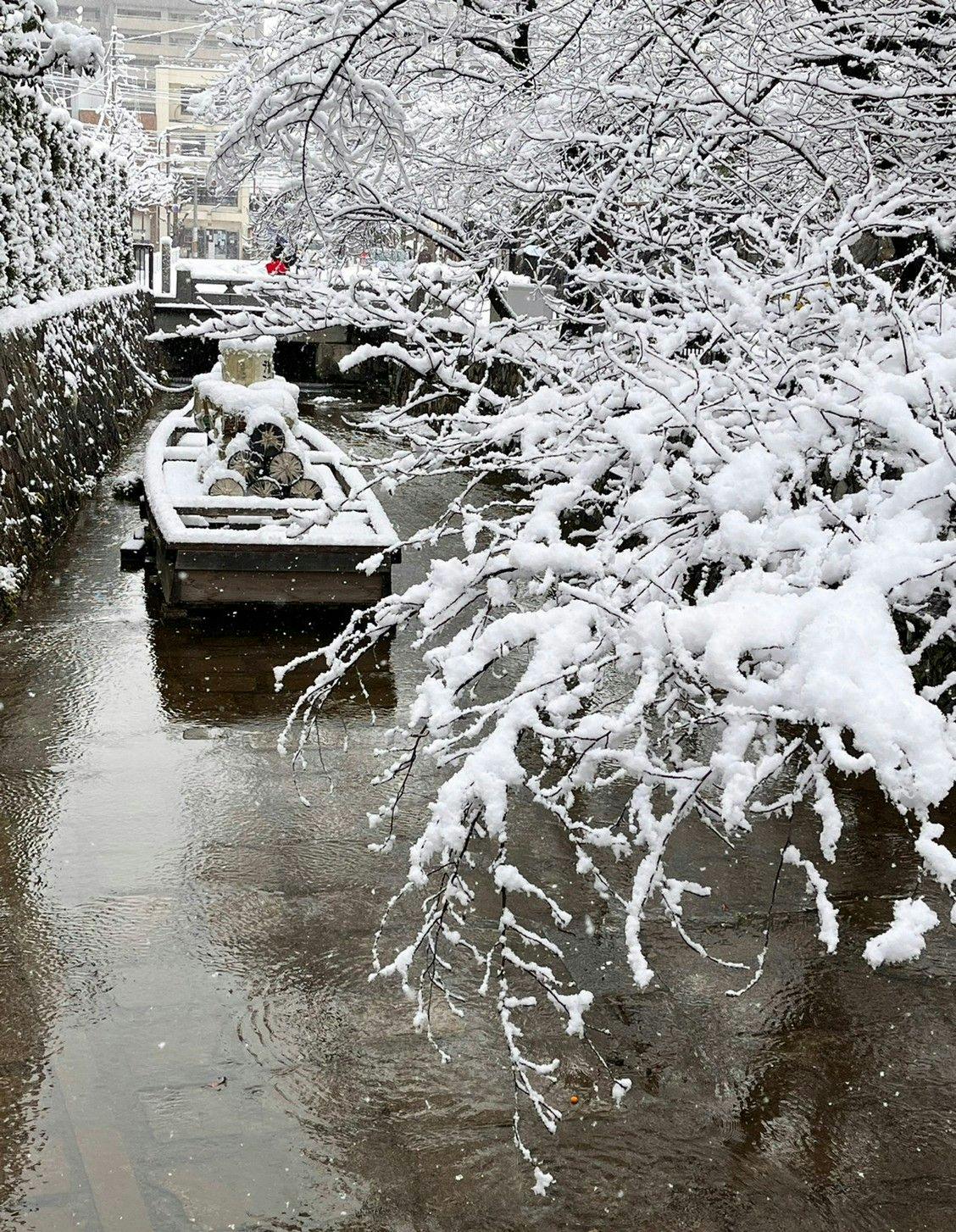 사원 옆을 흐르는 다카세강 겨울