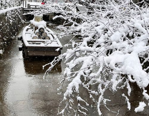 寺院横に流れる高瀬川　冬