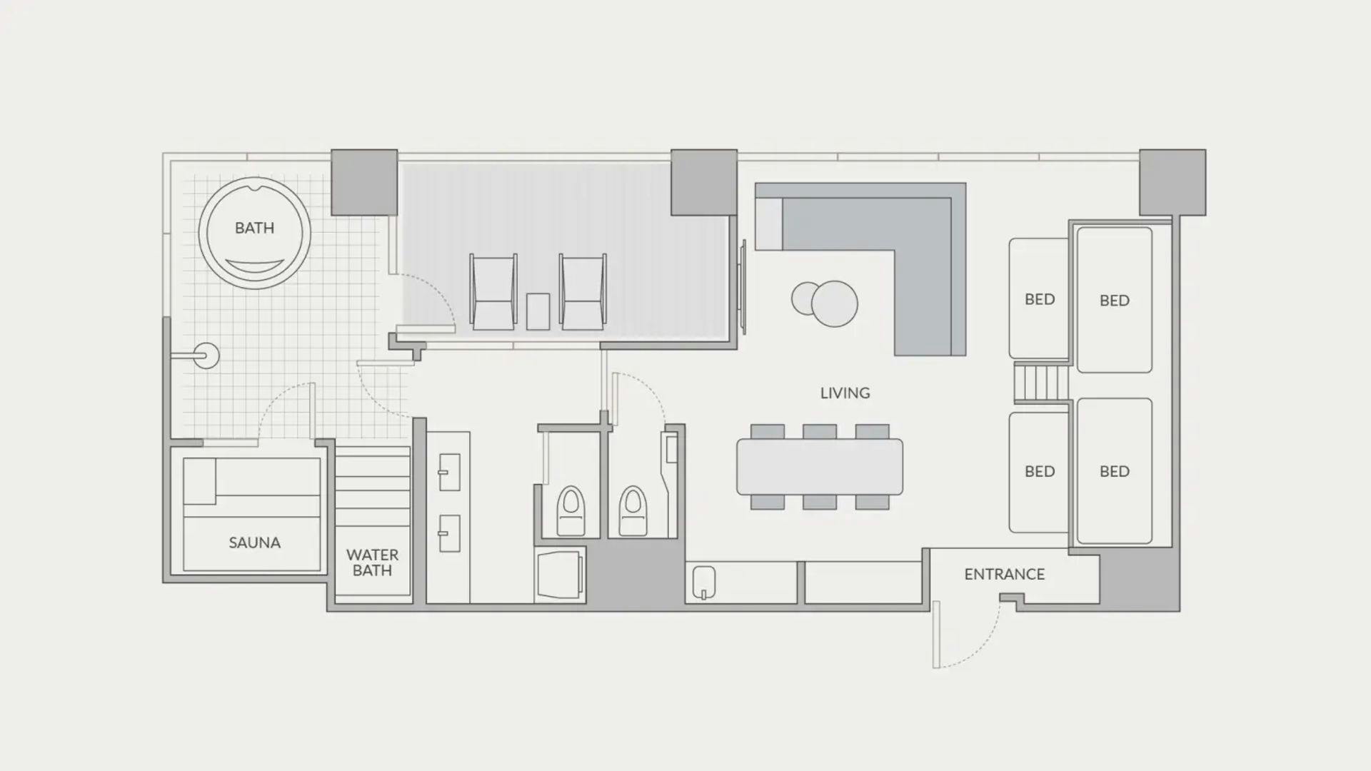 Sauna Bunk Suite:客室の間取り図