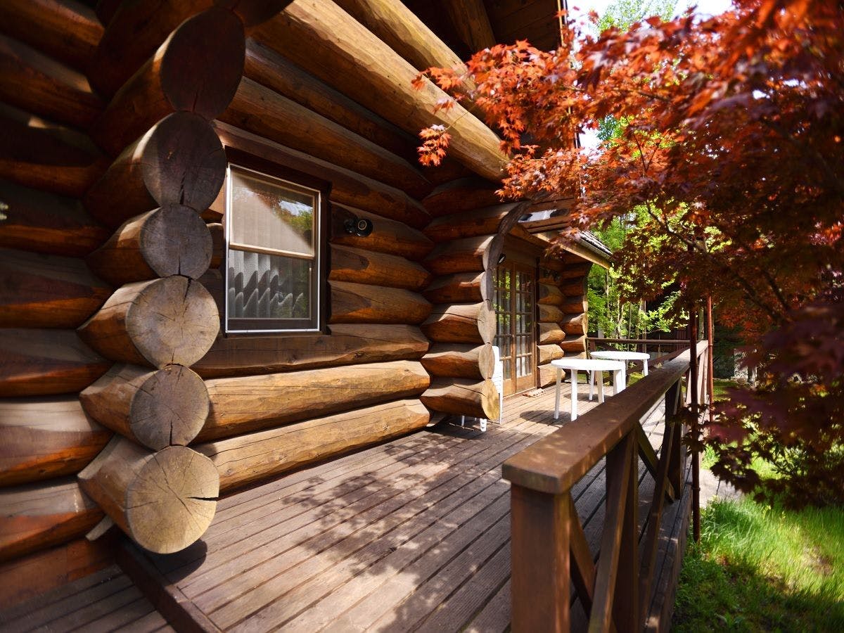 굵은 통나무로 지어진 대형 로그 하우스.