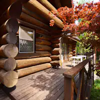 굵은 통나무로 지어진 대형 로그 하우스.