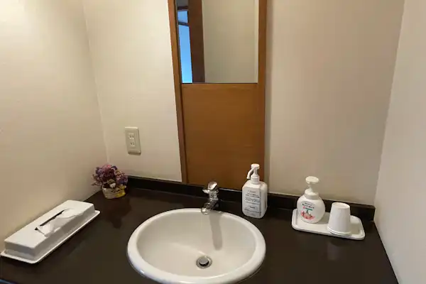 อ่างล้างหน้าในห้องพักที่มีห้องน้ำ